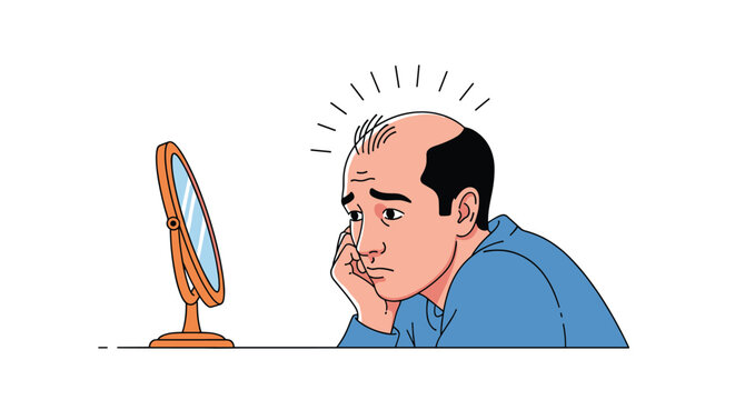 Middle aged man looking into mirror and touching his thinning hair while feeling concerned about male pattern baldness.