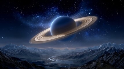 A large planet is floating in the sky above a mountain range. The sky is dark and filled with stars