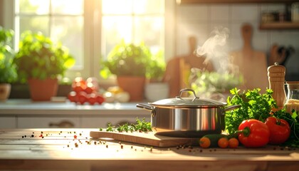 A warm kitchen scene with a steaming pot surrounded by fresh vegetables and herbs in sunlight