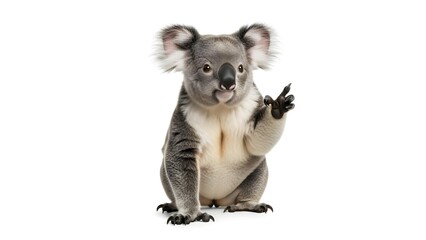 Adorable Koala Sitting Upright and Raising One Paw, Isolated on a Clean White Background, Showing Playful Gesture, Australian Wildlife Mammal