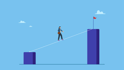 Fototapeta premium Confidence businesswoman walking on the rope up to higher goal. Career challenge or growth and improvement, risk taking to be success or leadership to overcome difficulty to achieve target.