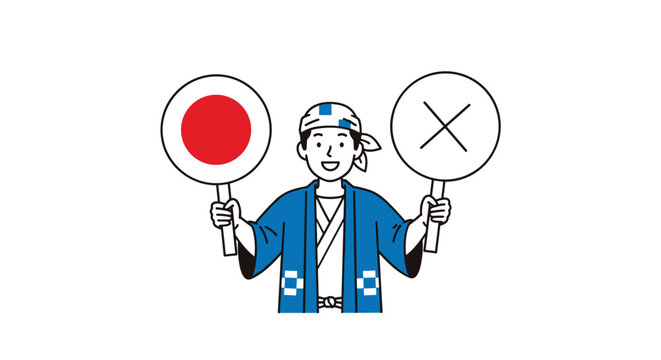 Traditional Japanese male worker in blue hapi coat holding up signs for correct red circle and incorrect cross for evaluation.