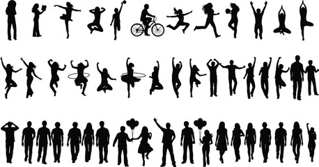 Active people silhouettes set showing jumping dancing cycling yoga poses celebrating fitness lifestyle movement and joyful human activities