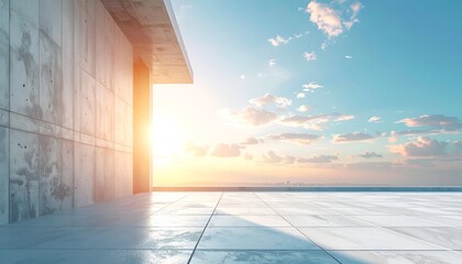 A modern architectural space features sleek concrete elements and a panoramic view of the sky