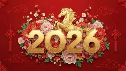 Chinese new year 2026 horse illustration greeting card festive design traditional spring festival decoration beautiful floral arrangement asian culture celebration prosperity symbol