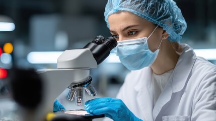 Female Scientist in Laboratory Focusing on Microscope Analysis Wearing Protective Gear in Modern Research Environment