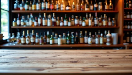 Rustic Wooden Bar Top with Array of Colorful Bottles Captured in Elegant Bar Setting
