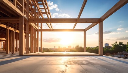 A wooden frame of a building under construction, framed by sunlight and a scenic urban backdrop