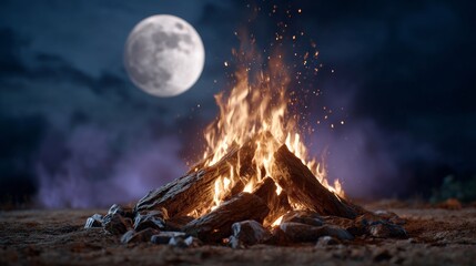 A fire is burning in a pile of wood, with a large moon in the background. The scene is dark and mysterious, with the fire casting eerie shadows on the ground. The moon's light illuminates the fire