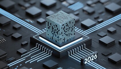 Advanced Semiconductor Chip: An intricate macro view showcases a cutting-edge semiconductor chip with meticulously etched pathways and components.