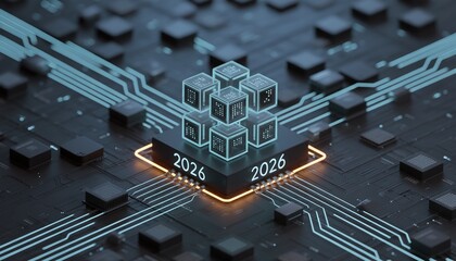 Digital Circuit 2026: An intricate digital circuit, alive with luminous pathways and cube array, embodies the essence of innovation and forward-thinking technology, showcasing the year 2026.