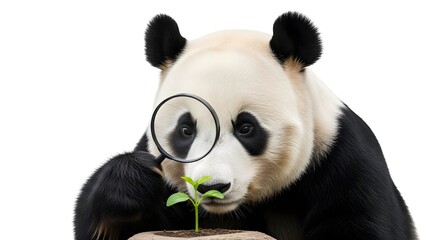 Curious panda bear with magnifying glass examining a tiny green plant seedling, representing nature, growth, and environmental protection, isolated on white.