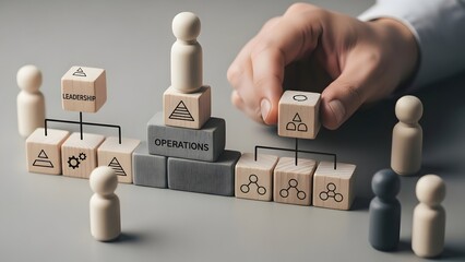 Visual representation of organizational structure and management hierarchy with wooden figures and blocks symbolizing operations