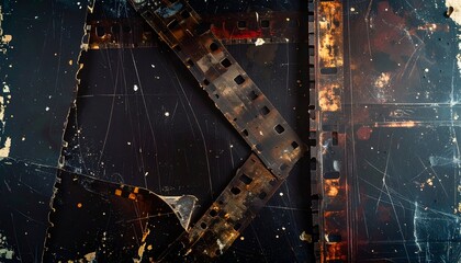 An abstract representation of film strips, showing wear and scratches on a dark background