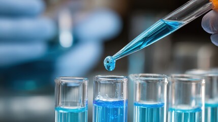 Laboratory Test Tubes with Blue Liquid and Pipette Ready for Chemical Experiment in Modern Scientific Research Facility