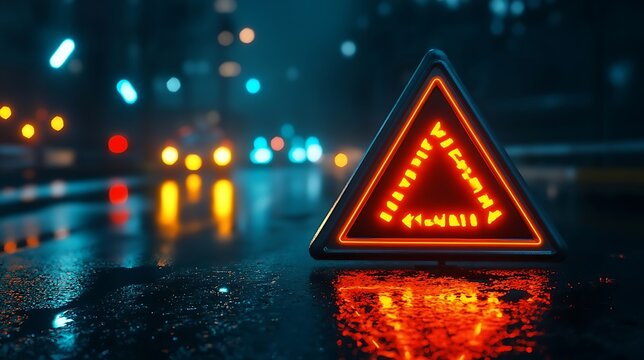 A triangular signal with glowing sharp turn warning lines 