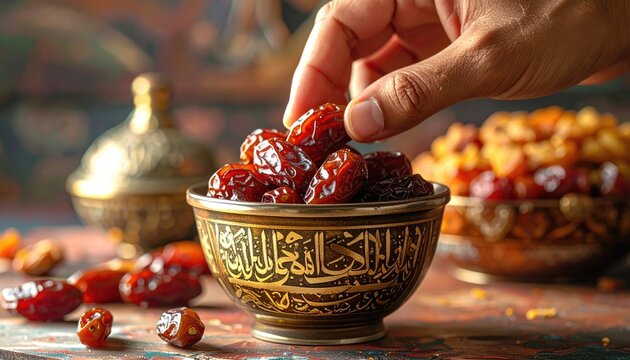 Close-up of a person's hand picking a date from a bowl filled with dates, other bowls in background. The dates are fresh and rich in color, perfect for special occasions. 