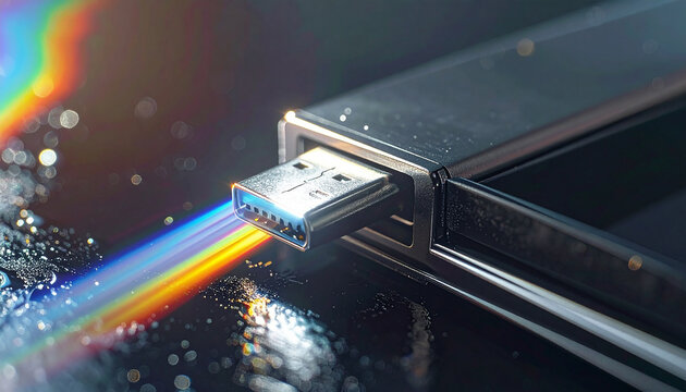 Digital Conduit: A close-up shot of a USB stick, emitting a spectrum of vibrant light, symbolizes the transfer of digital information and technological advancement.  - Powered by Adobe