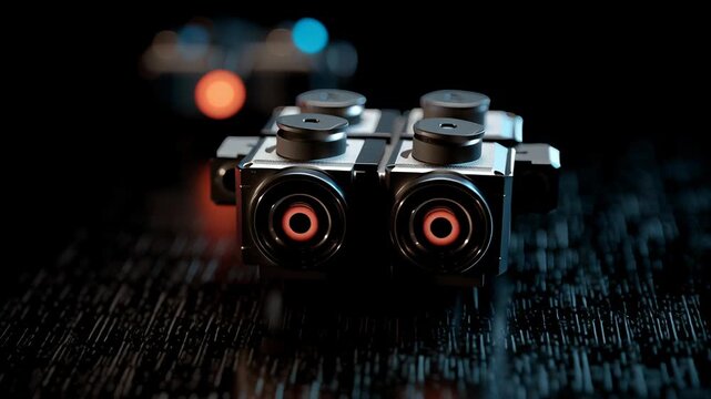 A small black box with four buttons on it. The box is on a dark surface. Macro shot robotic education kit tactile feedback sensor experiment block high fidelity product shot, robotic education kit