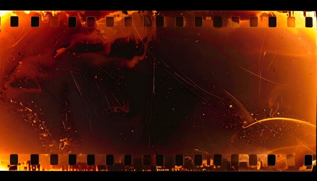 A vibrant abstract composition of warm colors with film strip edges and swirling textures - Powered by Adobe