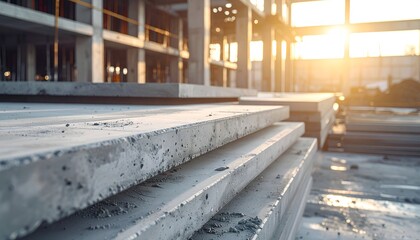 Sunlight illuminates stacked concrete slabs at a construction site, showcasing urban development