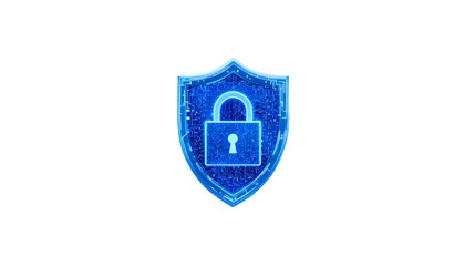 A blue shield with a lock on a black background representing cybersecurity and protection