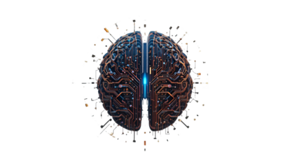 A futuristic digital illustration of a human brain with circuit board patterns and glowing blue lines on a black background