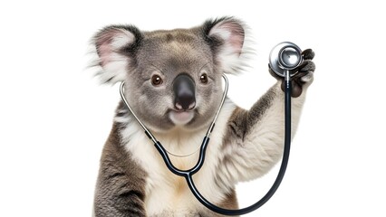 Cute koala bear holding a stethoscope, posing as a doctor or veterinarian, on a clean white background, representing animal healthcare or funny veterinary concepts.