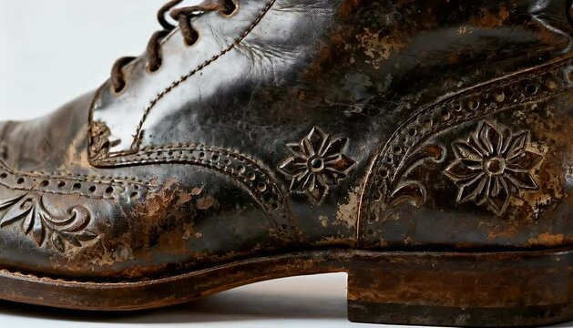 Close up of ornate leather boot detail with floral embossing