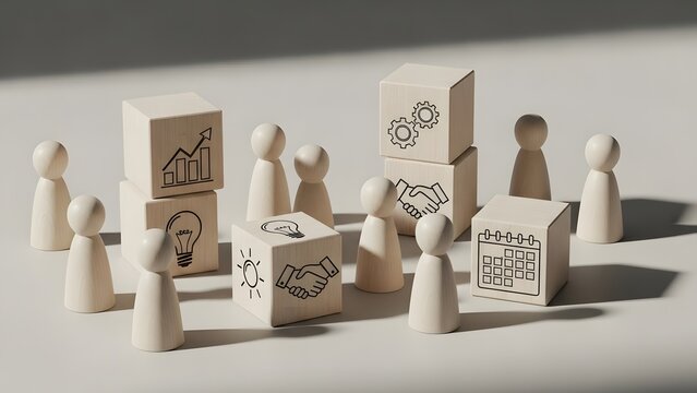 Wooden human figures and strategic icon blocks symbolize teamwork, project development, and business collaboration, illustrating key concepts in planning, growth, and problem-solving scenarios