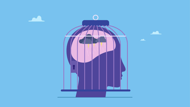 Bird cage lock over depressed fearful human brain. Fixed mindset, negative emotion refuse to learn anything new, fearful or mental lock, suppression or aversion disorder.