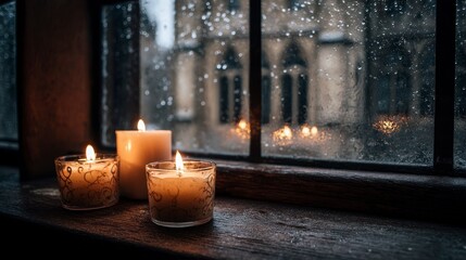 Illuminated candles in various holders on a windowsill, with a blurry, rain-streaked view of a building
