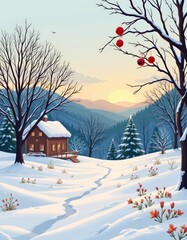 Cozy Winter Cabin in Snowy Landscape Illustration for Holiday Season: A Peaceful Retreat in a Cinematic Style
