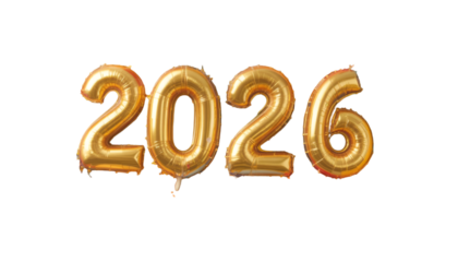 A gold balloon with the year 2026 written on it against a black background