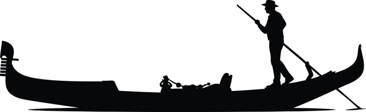 A black silhouette of a gondola boat and nautical vessel travels across the water in this vector illustration isolated against a white sky for travel and transportation