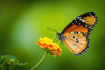 Fototapeta premium A Striking Butterfly Sipping Nectar from a Vibrant Yellow Flower A Captivating Close Up of Nature's Beauty and the Delicate Dance of Pollination