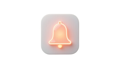 A glowing neon bell icon on a white square against a black background
