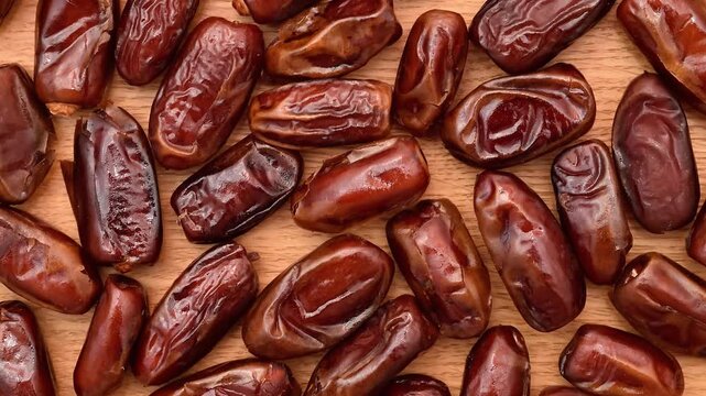 Pile of dried dates on the wooden table. Close-up. Top view.