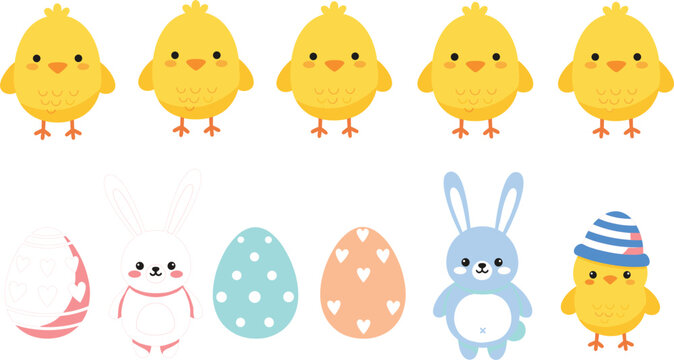 Cute baby chicks and easter eggs vector illustration with bunny characters for spring holiday kids and nursery design
