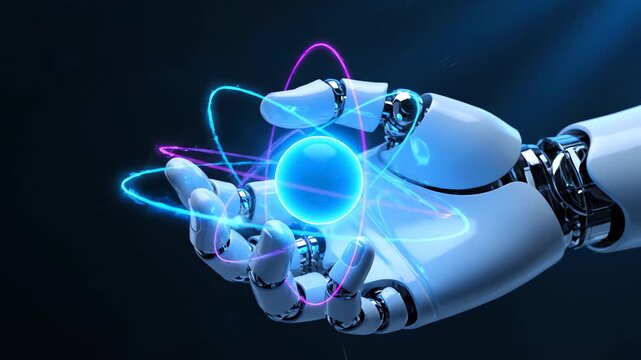 Robotic Hand Gently Holding Glowing Atom with Orbiting Energy Lines, Symbolizing AI and Quantum Technology