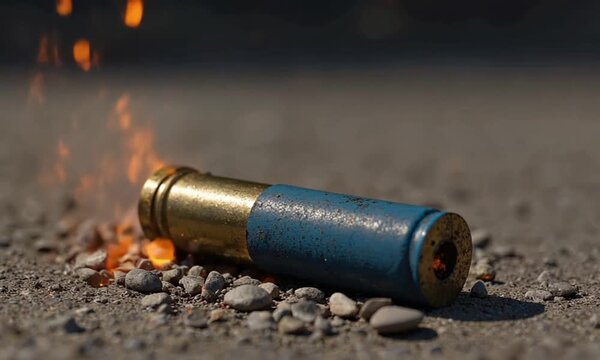 Fired shotgun cartridge on ground with fire and glowing embers