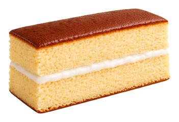 delicious rectangular slice of soft yellow sponge cake with creamy white filling and glossy brown top isolated on transparent background for dessert and bakery concepts