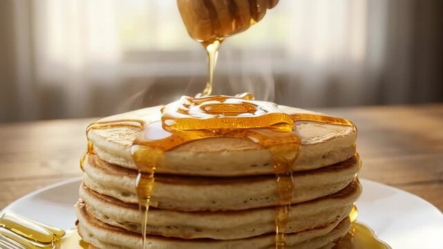 Honey dripping from wooden dipper onto stack of hot pancakes with steam rising, delicious breakfast, close up, slow motion