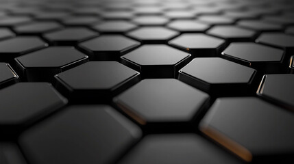 Abstract futuristic hexagonal technology background with black metallic honeycomb pattern and subtle golden highlights, modern high-tech surface texture, cybersecurity and artificial intelligence conc