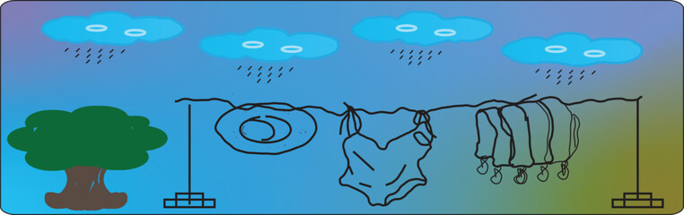 A simple digital illustration showing a swimsuit, hat, and towel drying on an outdoor clothesline during a rain shower. Featuring blue clouds and a green tree in a minimalist line art style, it's idea