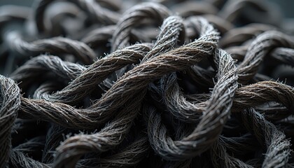 Close up Macro Shot of Thick Intertwined Rope Strands with Tiny White Fibers Illuminated by Soft Dramatic Lighting Creating a Textured Abstract
