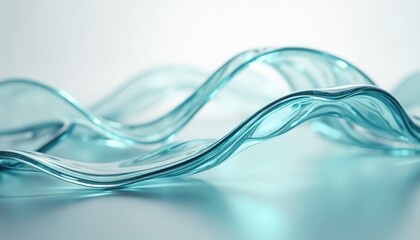 Abstract Aqua Blue Wavy Ribbon Flowing Smoothly Against a Light Gradient Background with Subtle Bubbles Reflecting Soft Studio Lighting