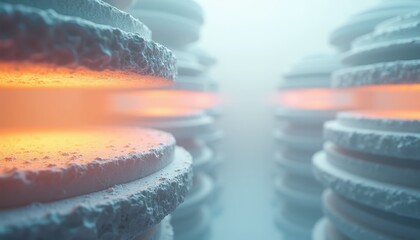 Abstract Close Up of White Futuristic Industrial Cylinders with Glowing Orange Centers in Misty Blue Atmosphere