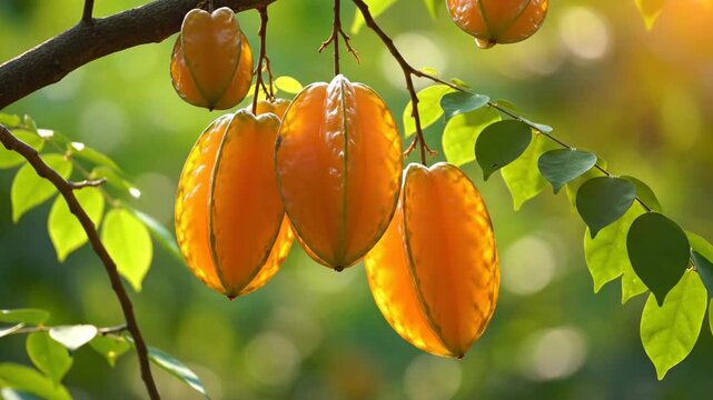 Ripe Star Fruits Hanging on a Tree Branch in Sunlight.