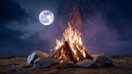 A fire is burning in a pile of wood, with a full moon in the background. The scene is serene and peaceful, with the fire providing warmth and light on a dark night. The moon adds a sense of mystery
